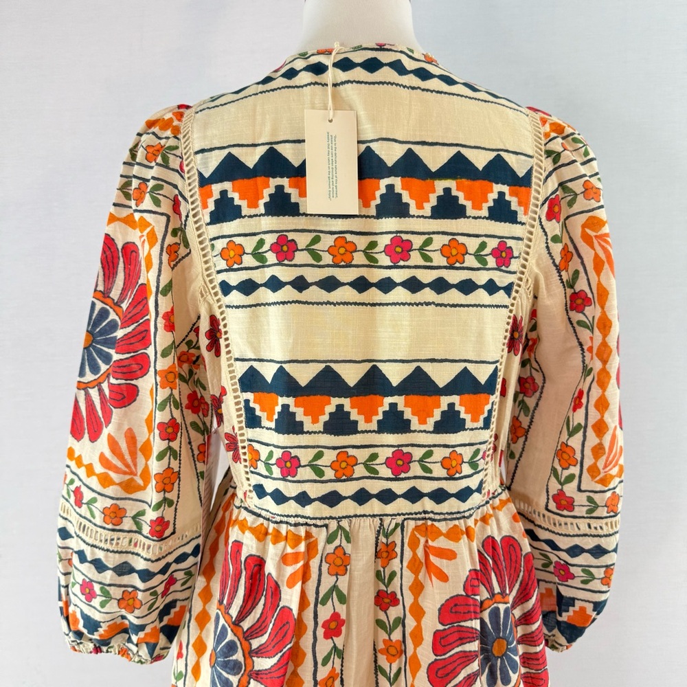 Sundance Zariah Orange Blue Cream Beaded Floral Print Blouse - Picture 5 of 16